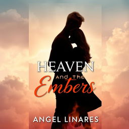 A modern, faceless romance book cover for 'Heaven and the Embers' by Angel Linares, featuring the silhouettes of a blond man and a brown-haired woman
