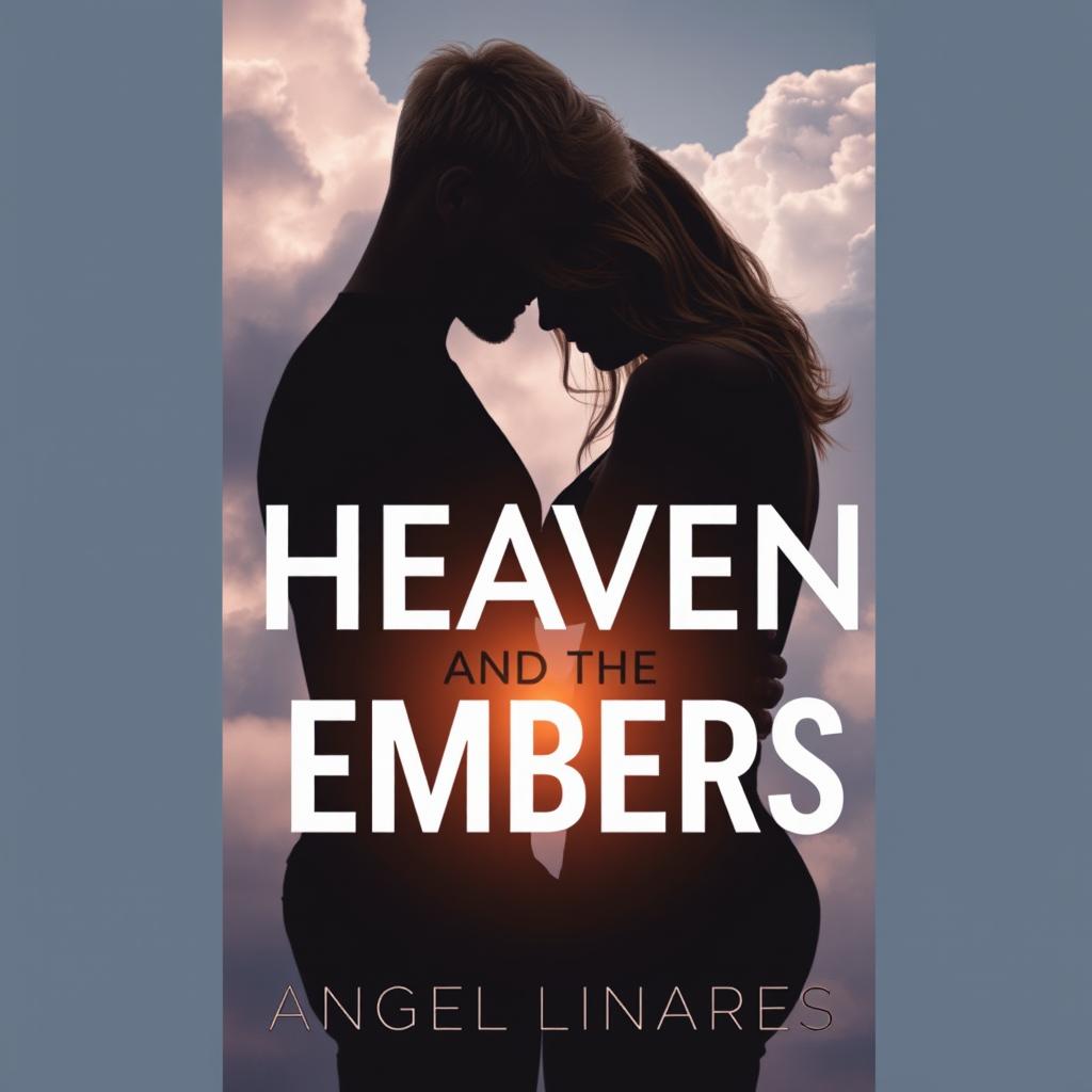 A modern, faceless romance book cover for 'Heaven and the Embers' by Angel Linares, featuring the silhouettes of a blond man and a brown-haired woman