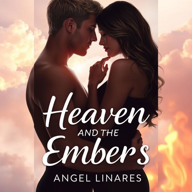 A modern, faceless romance book cover for 'Heaven and the Embers' by Angel Linares, featuring the silhouettes of a blond man and a brown-haired woman