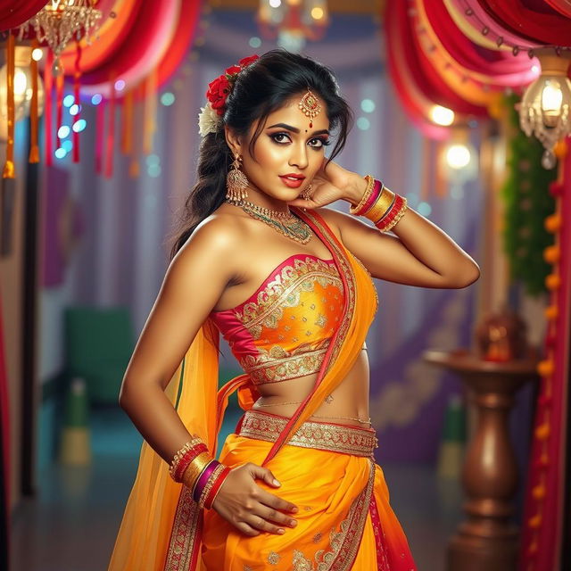 An enchanting image of a woman dressed in traditional Navratri attire that is culturally vibrant yet sensually styled