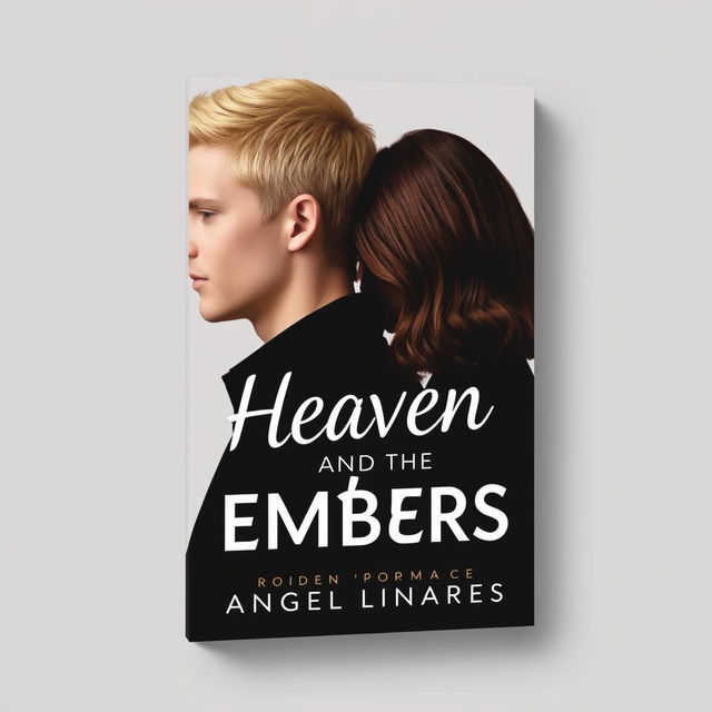 A modern romance book cover for 'Heaven and the Embers' by Angel Linares, featuring the faceless silhouettes of a blond man and a brown-haired woman