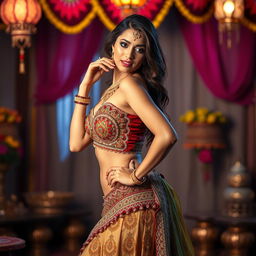 An alluring image of a woman wearing intricately designed Rajasthani attire, including a colorful lehenga with traditional patterns and elegant embellishments