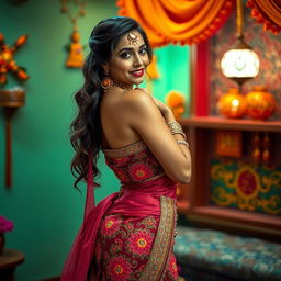 An alluring image of a woman wearing intricately designed Rajasthani attire, including a colorful lehenga with traditional patterns and elegant embellishments