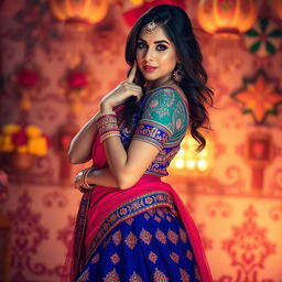 An alluring image of a woman wearing intricately designed Rajasthani attire, including a colorful lehenga with traditional patterns and elegant embellishments