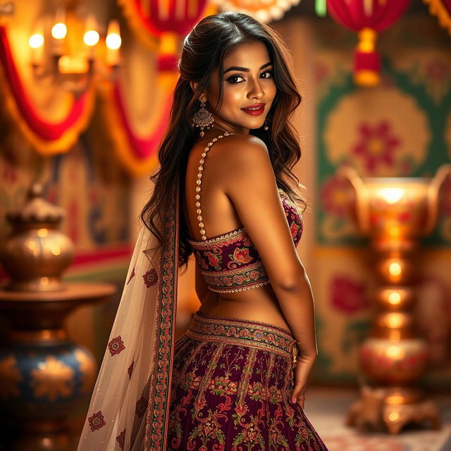 An alluring image of a woman wearing intricately designed Rajasthani attire, including a colorful lehenga with traditional patterns and elegant embellishments