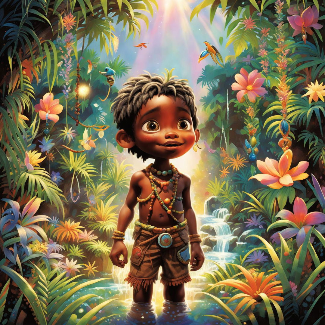 A Pixar-inspired image of an African tribal boy in a magical jungle, filled with whimsical creatures and glowing orbs of light.