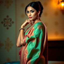 An alluring image of a woman wearing traditional Indian clothing, specifically a beautifully draped saree that highlights her figure while showcasing intricate patterns and rich colors