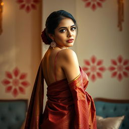 An alluring image of a woman wearing traditional Indian clothing, specifically a beautifully draped saree that highlights her figure while showcasing intricate patterns and rich colors