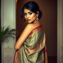 An alluring image of a woman wearing traditional Indian clothing, specifically a beautifully draped saree that highlights her figure while showcasing intricate patterns and rich colors