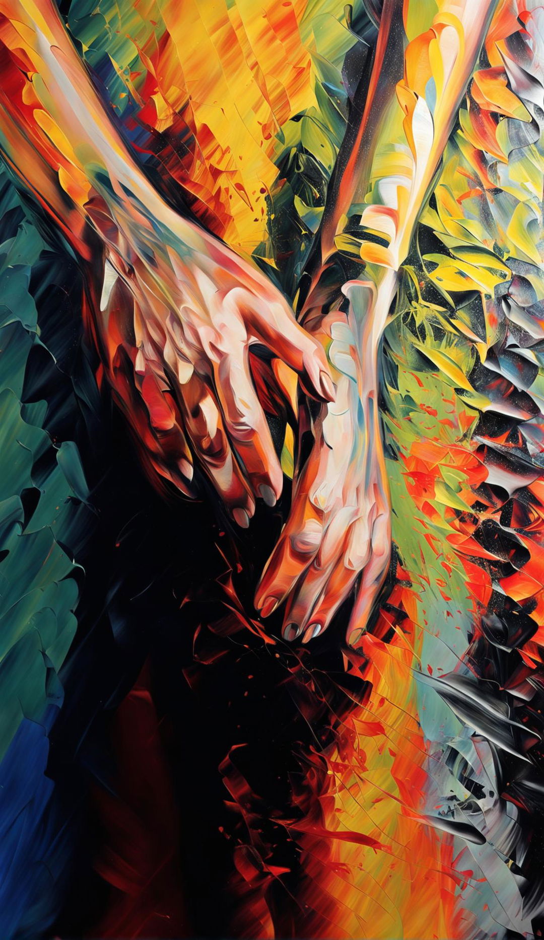 Two woman's hands in a knife painting style.