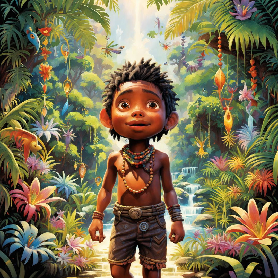 A Pixar-esque scene of an African tribal boy in a magical jungle, teeming with whimsical creatures and radiant orbs of light.