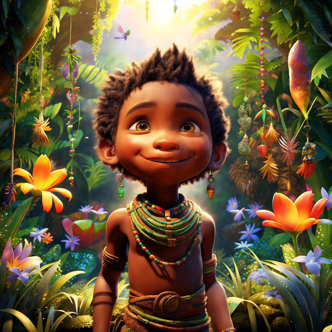 A classic Pixar movie scene featuring an African tribal boy with a beautifully animated face, in a magical jungle with enhanced lighting and more enchanting elements.