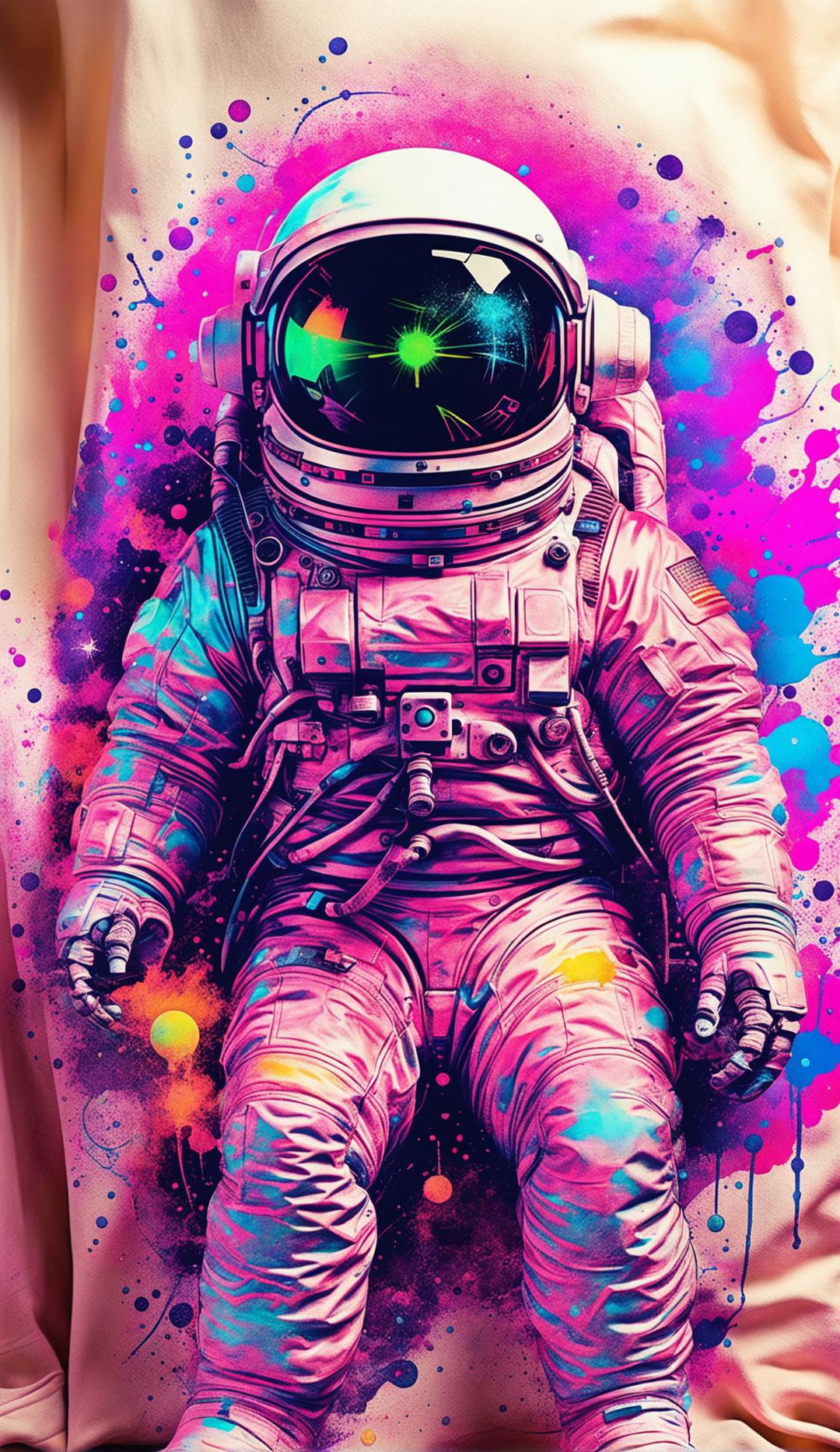 Retro-style cosmic astronaut dissolving into vibrant acid wash colors on a t-shirt in a product editorial shot.