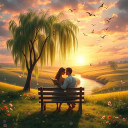 A serene and enchanting scene depicting a tranquil landscape inspired by poetry, featuring a soft sunset casting golden hues over a gentle river