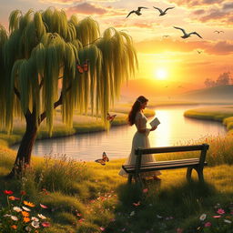 A serene and enchanting scene depicting a tranquil landscape inspired by poetry, featuring a soft sunset casting golden hues over a gentle river