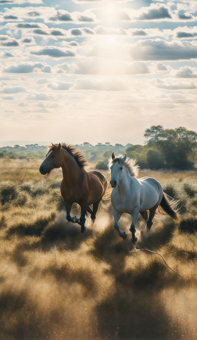 Two wild horses running in the Savannah of Texas, under the divine rays of sunlight.