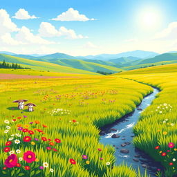 A vibrant pixel art scene depicting a lush prairie landscape filled with bright green grass, colorful wildflowers in various shades, and distant rolling hills under a clear blue sky