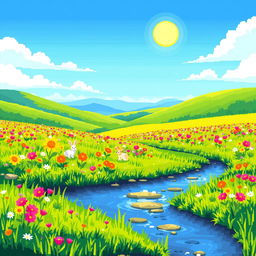 A vibrant pixel art scene depicting a lush prairie landscape filled with bright green grass, colorful wildflowers in various shades, and distant rolling hills under a clear blue sky