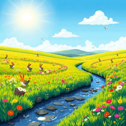 A vibrant pixel art scene depicting a lush prairie landscape filled with bright green grass, colorful wildflowers in various shades, and distant rolling hills under a clear blue sky