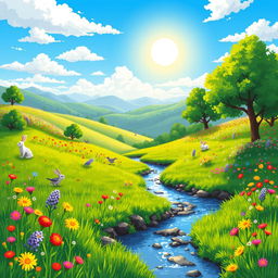 A vibrant pixel art scene depicting a lush prairie landscape filled with bright green grass, colorful wildflowers in various shades, and distant rolling hills under a clear blue sky