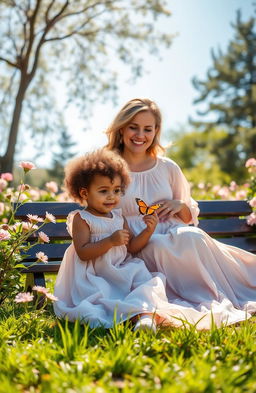 A serene and evocative scene depicting a loving mother and child in a sunlit garden