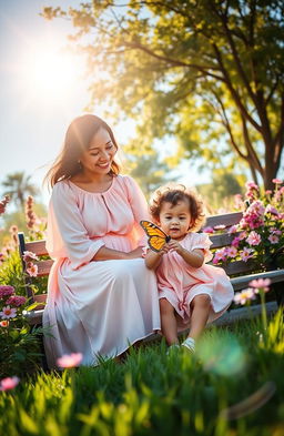 A serene and evocative scene depicting a loving mother and child in a sunlit garden