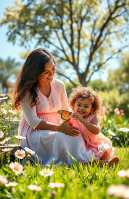 A serene and evocative scene depicting a loving mother and child in a sunlit garden