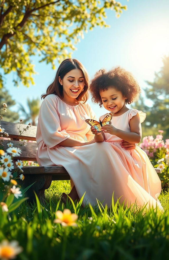 A serene and evocative scene depicting a loving mother and child in a sunlit garden