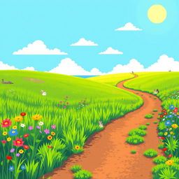 A vibrant pixel art scene depicting a lush prairie landscape featuring a horizontal path winding through the greenery