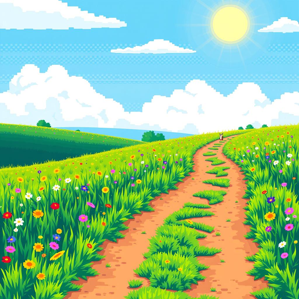 A vibrant pixel art scene depicting a lush prairie landscape featuring a horizontal path winding through the greenery