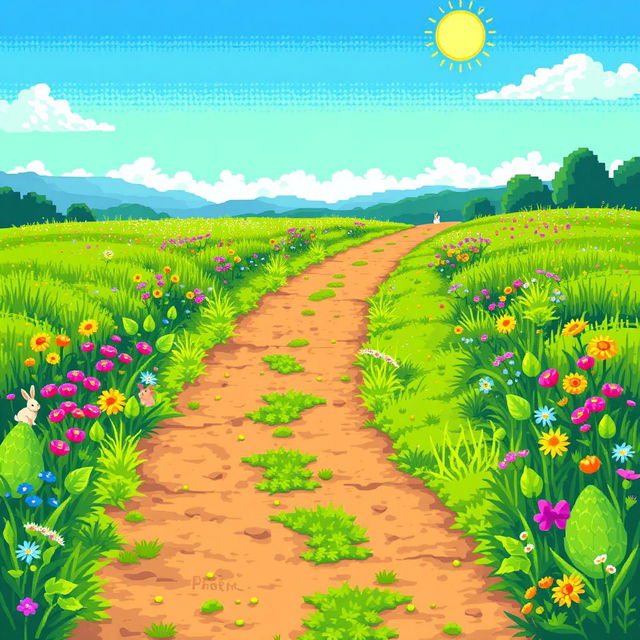 A vibrant pixel art scene depicting a lush prairie landscape featuring a horizontal path winding through the greenery