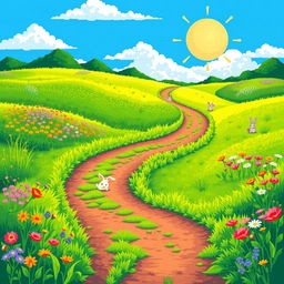 A vibrant pixel art scene depicting a lush prairie landscape featuring a horizontal path winding through the greenery