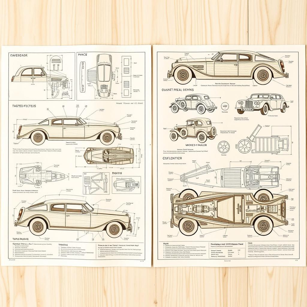 Detailed wooden car plans with intricate designs showcasing various styles of wooden cars