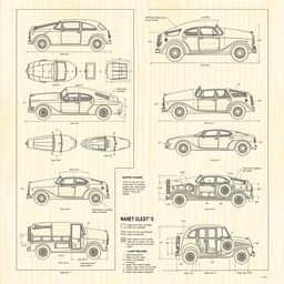 Detailed wooden car plans with intricate designs showcasing various styles of wooden cars