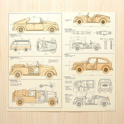 Detailed wooden car plans with intricate designs showcasing various styles of wooden cars