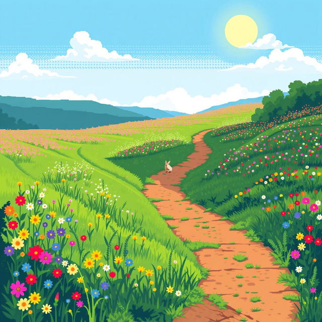 A vibrant pixel art scene depicting a lush prairie landscape with a horizontal path stretching from the left to the right side of the image