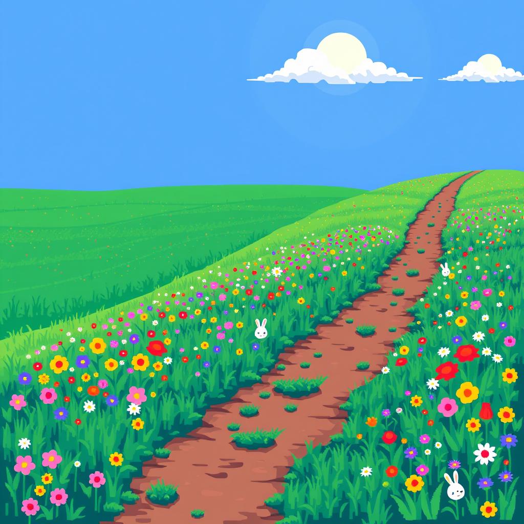 A vibrant pixel art scene depicting a lush prairie landscape with a horizontal path stretching from the left to the right side of the image