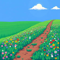 A vibrant pixel art scene depicting a lush prairie landscape with a horizontal path stretching from the left to the right side of the image