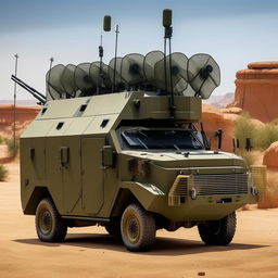 A state-of-the-art open back military van equipped with radio antennae, exhibiting cutting-edge technology, robust armored exterior, and intricate design.