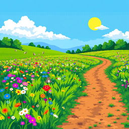 A vibrant pixel art scene depicting a lush prairie landscape with a horizontal path stretching from the left to the right side of the image