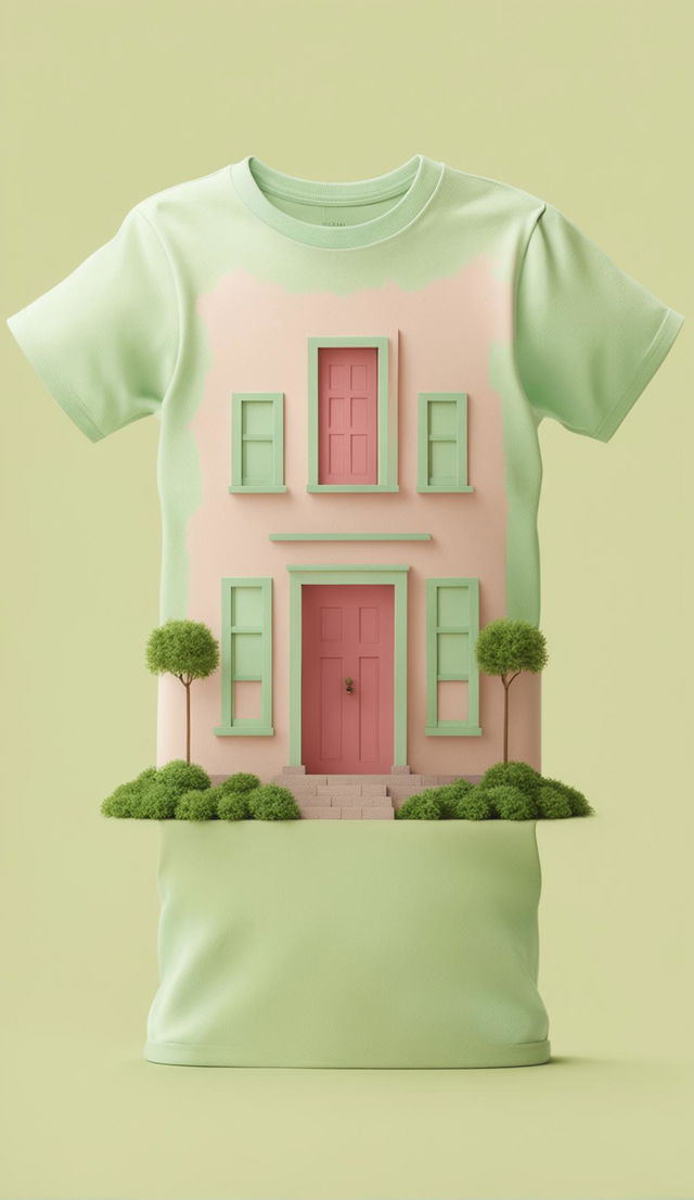 Minimalist t-shirt design with a quaint building motif in pastel colors, inspired by Wes Anderson's film aesthetics.