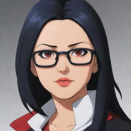 Sarada Uchiha from Naruto, portrayed as an adult with long black hair and vibrant red eyes, not wearing her usual glasses.