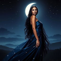 Luna Eclipse, a dark and alluring beauty representing mystery and seduction, stands elegantly in a night landscape under a crescent moon