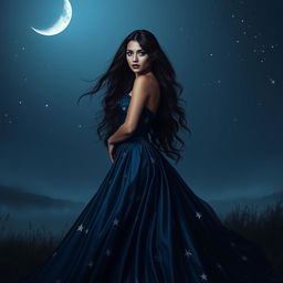 Luna Eclipse, a dark and alluring beauty representing mystery and seduction, stands elegantly in a night landscape under a crescent moon