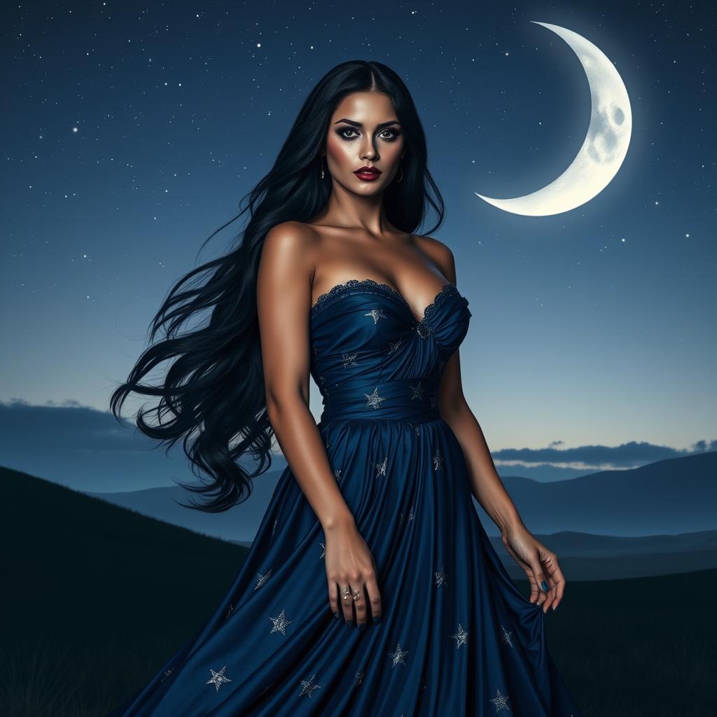 Luna Eclipse, a dark and alluring beauty representing mystery and seduction, stands elegantly in a night landscape under a crescent moon