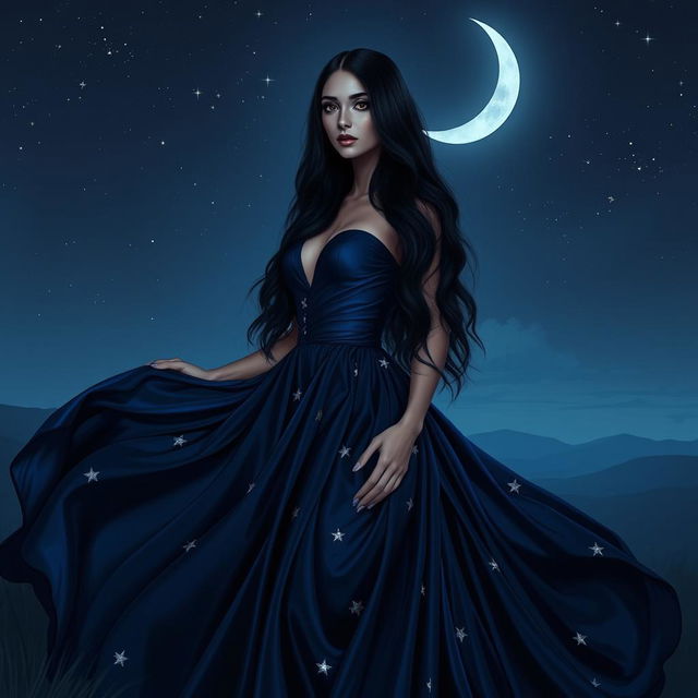 Luna Eclipse, a dark and alluring beauty representing mystery and seduction, stands elegantly in a night landscape under a crescent moon