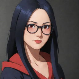 Sarada Uchiha from Naruto, portrayed as an adult with long black hair and vibrant red eyes, not wearing her usual glasses.