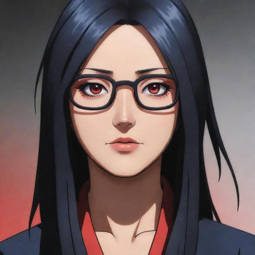 Sarada Uchiha from Naruto, portrayed as an adult with long black hair and vibrant red eyes, not wearing her usual glasses.