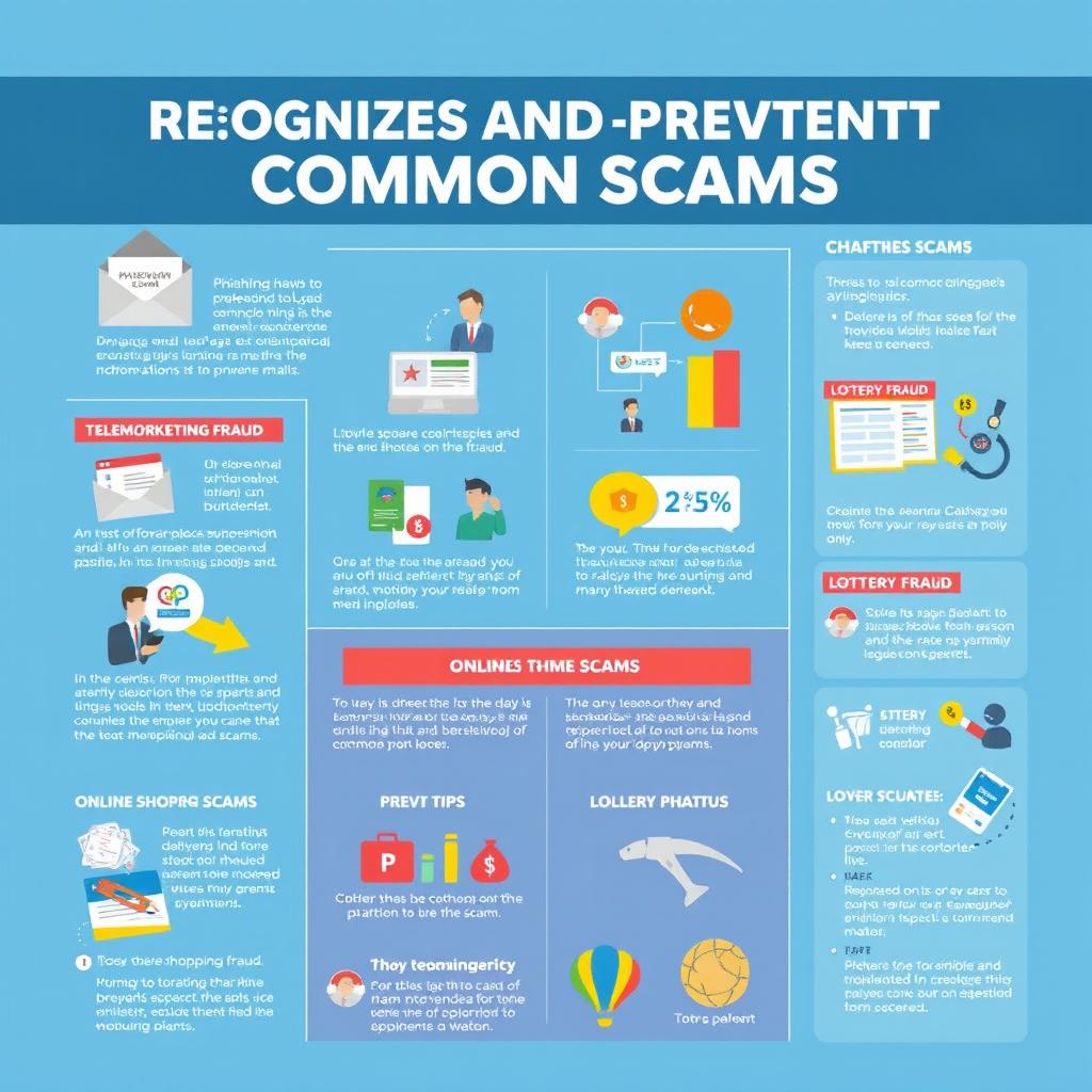 A thorough guide to recognizing and preventing common scams, featuring a detailed infographic style layout