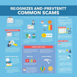 A thorough guide to recognizing and preventing common scams, featuring a detailed infographic style layout